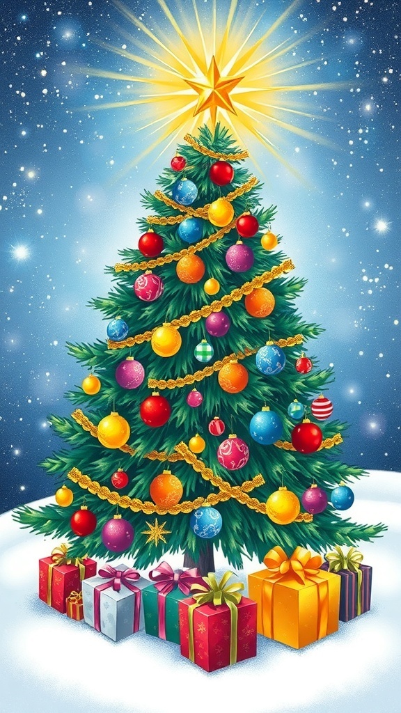 A festive Christmas tree drawing with ornaments and a star, surrounded by gifts.